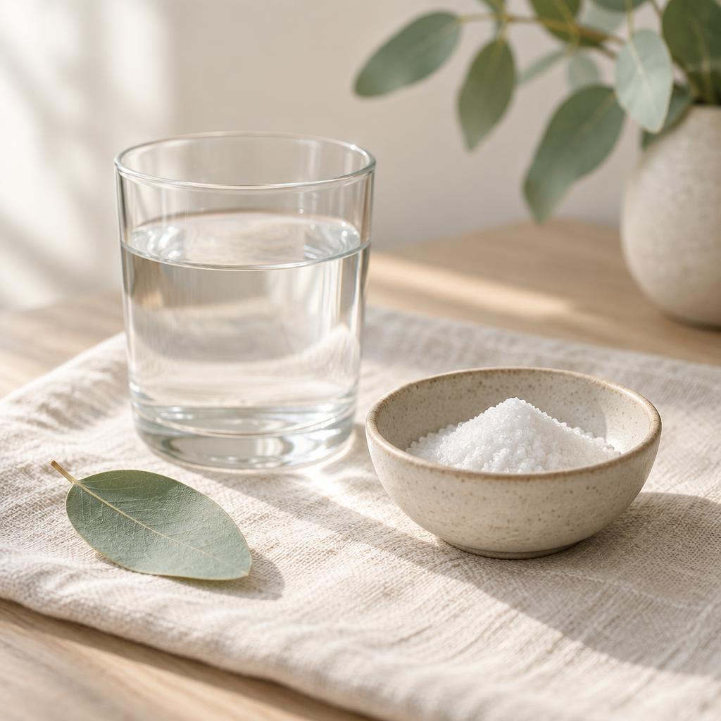A glass of water, a small bowl of pure powder and a eucalyptus leaf on a linen cloth