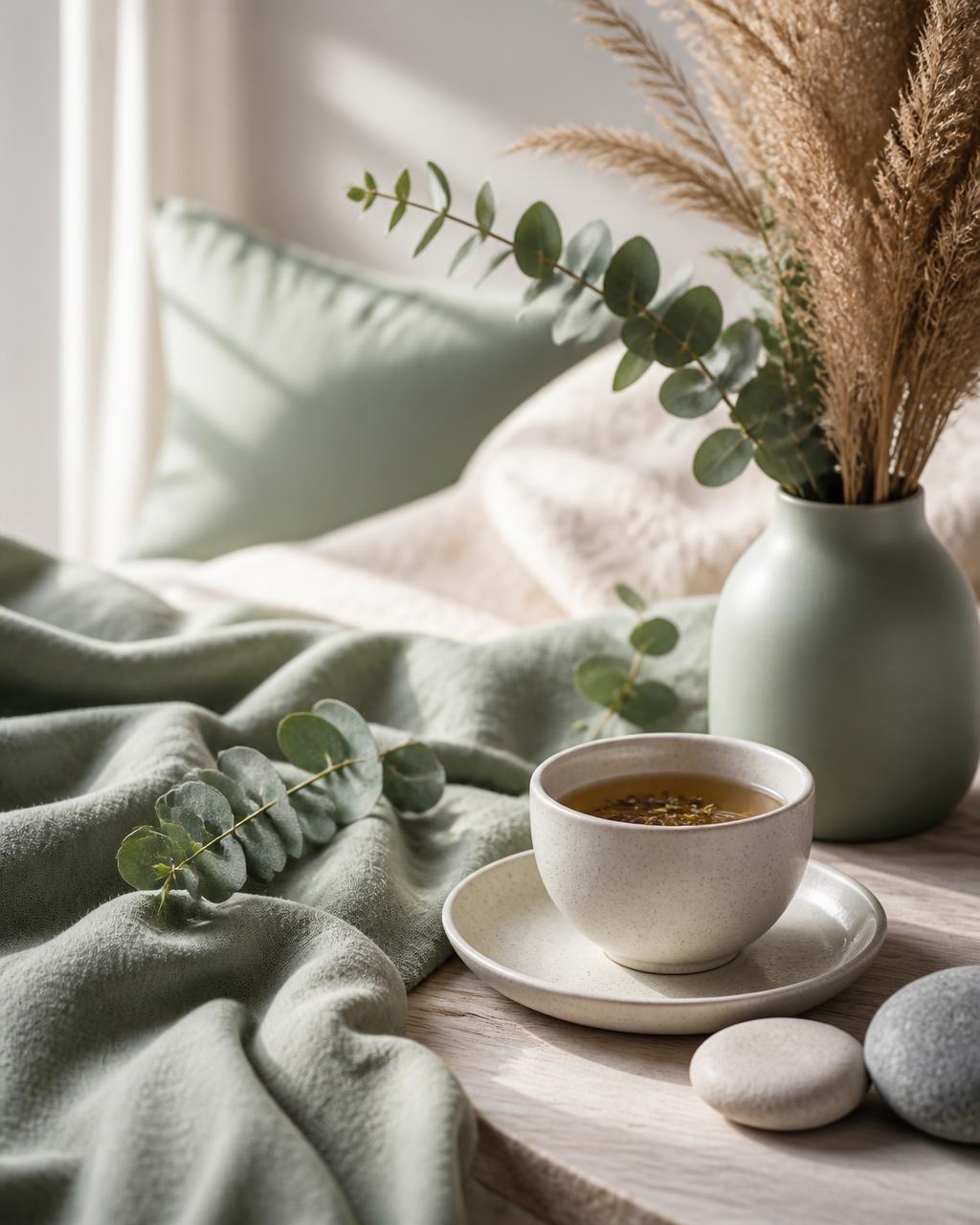 Woman in calm teal setting with green plants and a glass of water